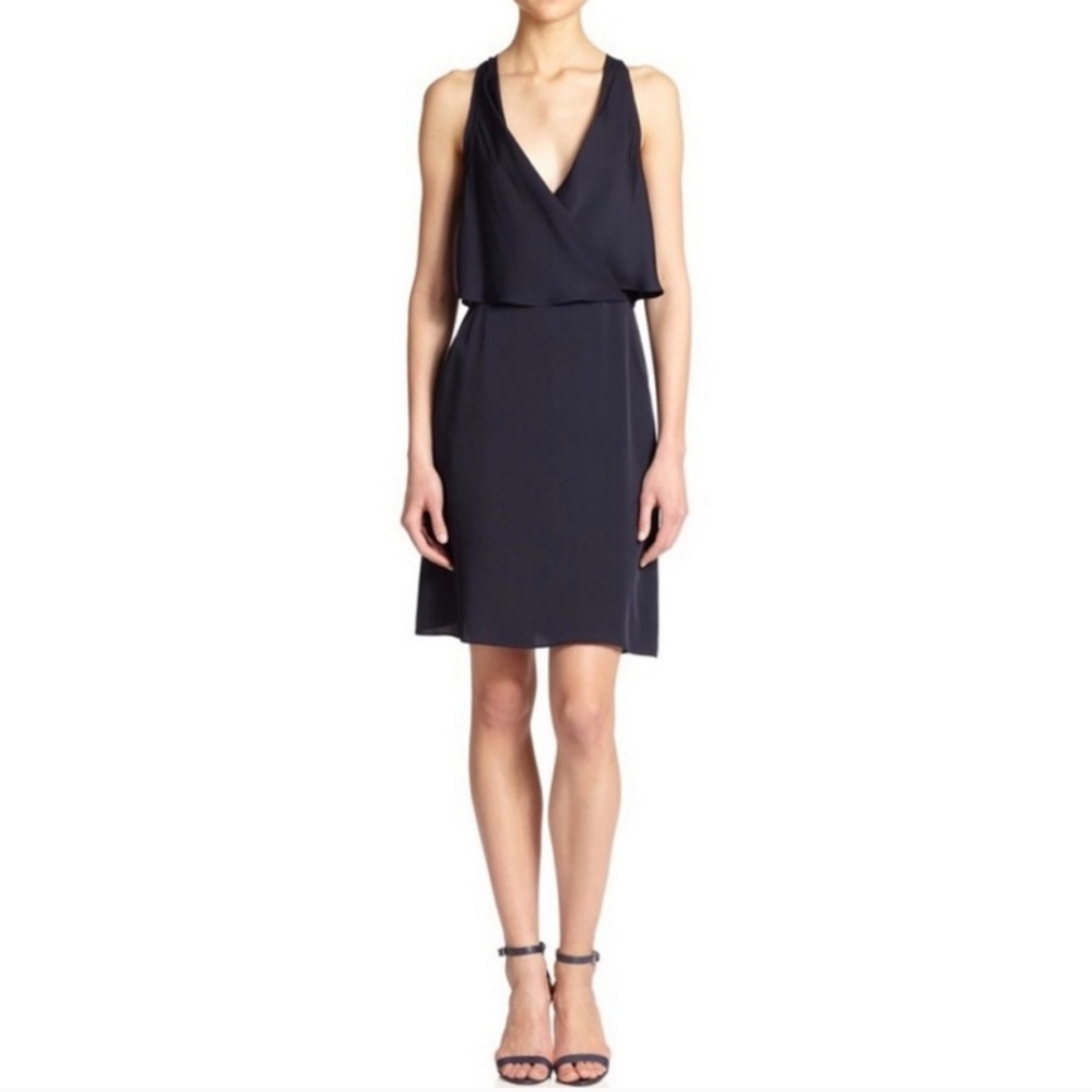 Theory Classic Elegant Sleeveless V Neck Silk Dress Navy Blue